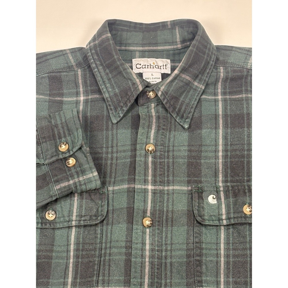Carhartt Men's L Relaxed Flannel Shirt Green Black Plaid Heavyweight Workwear